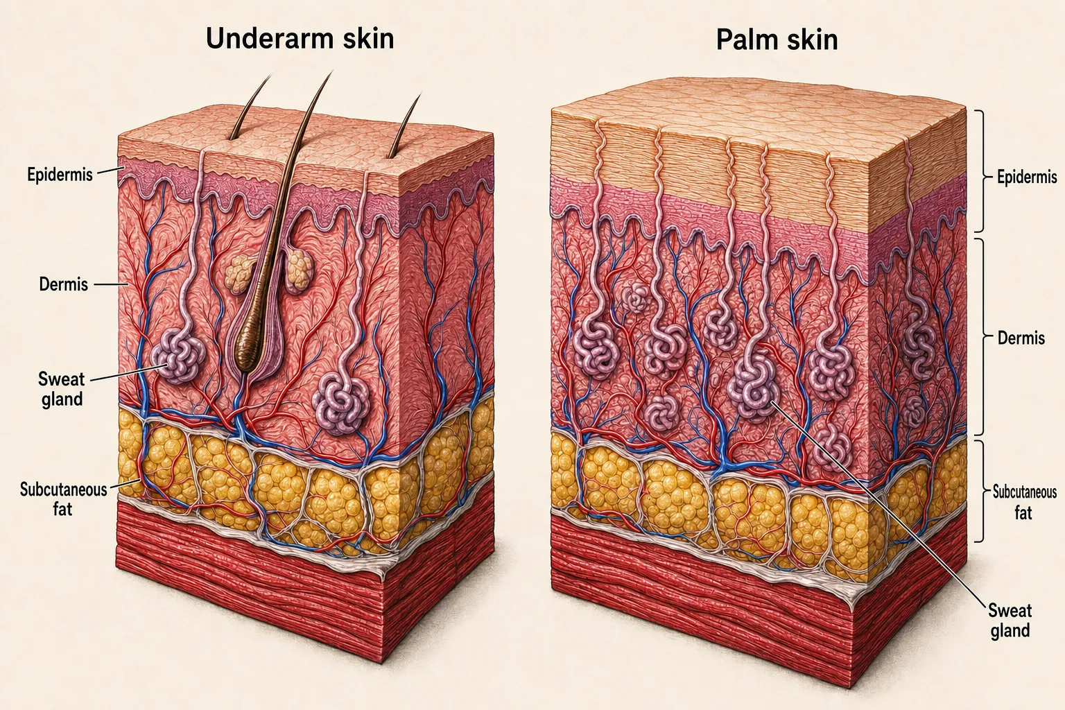 Side-by-side cross-sections of underarm skin and palm skin — the palm's outer layer far thicker, hairless, with sweat glands packed more densely