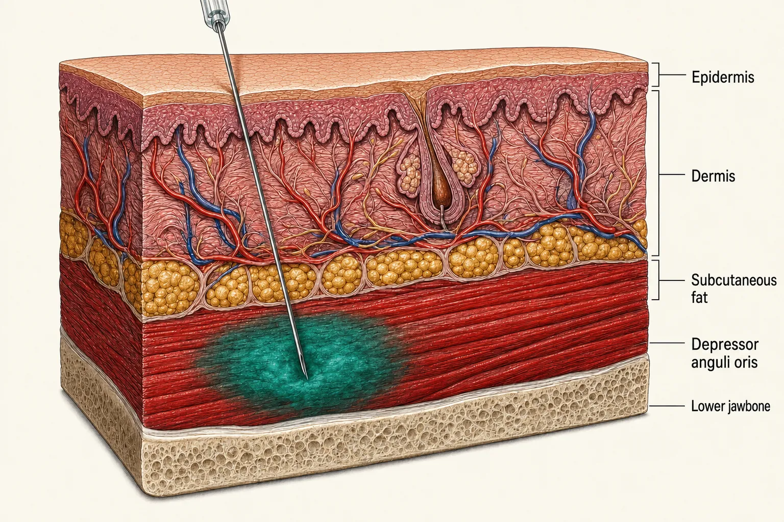 Cross-section of the skin below the mouth corner — the needle tip within the depressor muscle beneath the fat layer, with the product staying inside it, the jawbone at the bottom