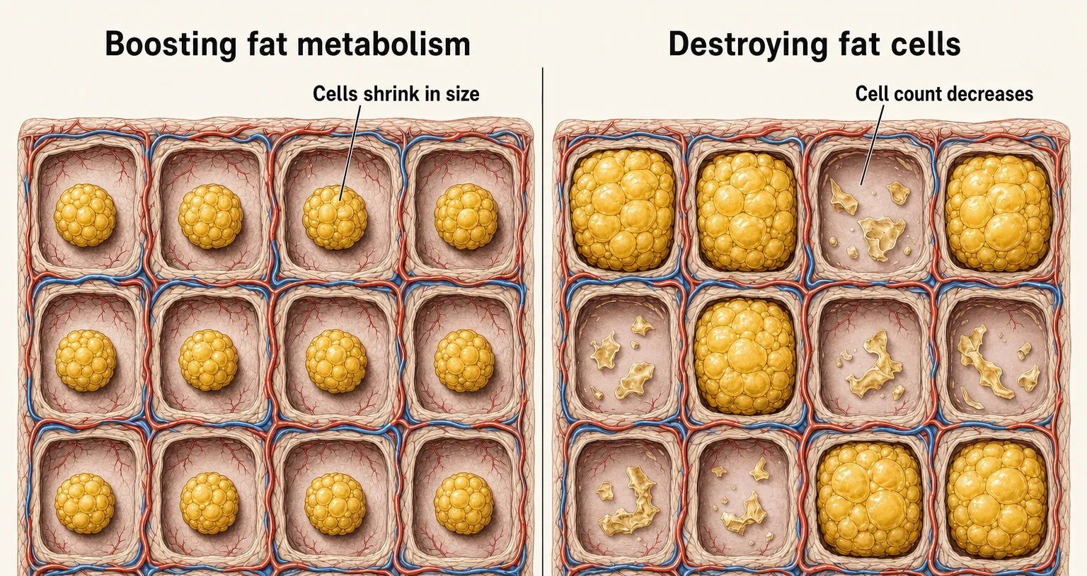 Side-by-side cross-sections of subcutaneous fat — on the left, fat cells shrunk in size; on the right, cell membranes broken down so the number of cells itself has decreased