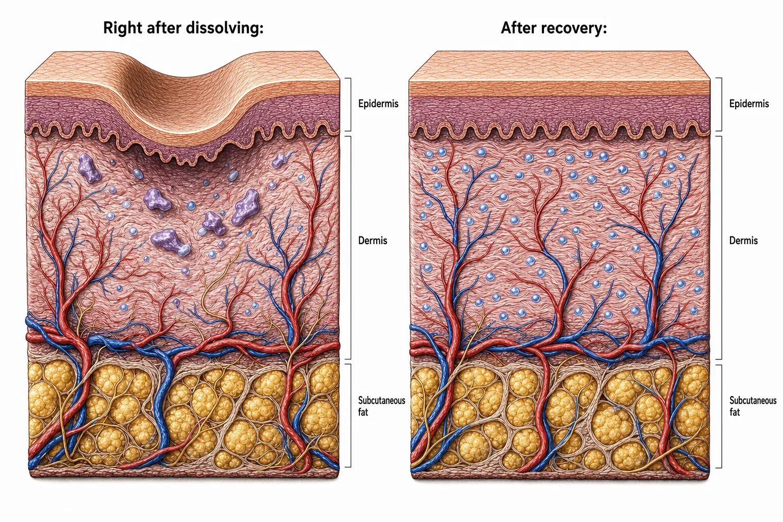 Side-by-side skin cross-sections — left, right after dissolving, the filler gel unraveled and the skin temporarily sunken; right, after the body has rebuilt its hyaluronic acid, moisture evenly restored in the dermis and the surface returned to level