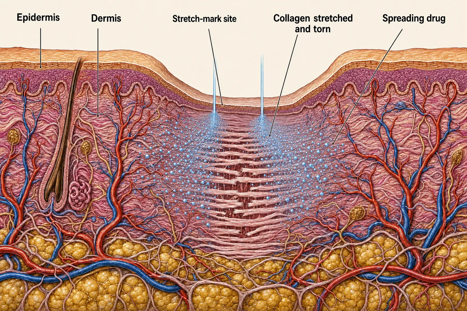 Cross-section of a stretch mark — the epidermis thinned and the dermal collagen stretched and torn, with a liquid jet spreading the solution through that layer like a fine mist