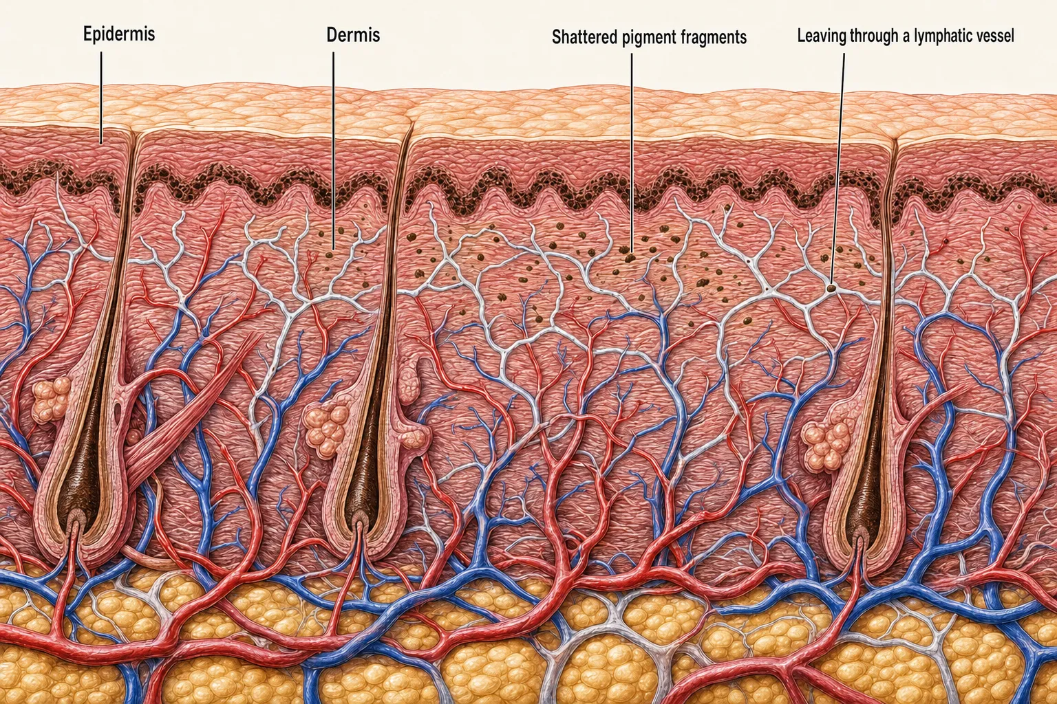 Cross-section of skin showing pigment remaining deep in the epidermis, fragments scattered in the dermis, and fragments entering the fine lymphatic vessels that run in a connected mesh beside the blood vessels