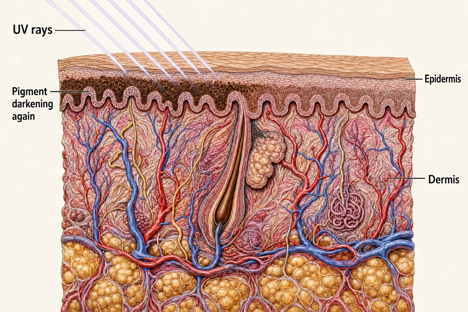 Cross-section of skin — on the side where UV slants down, the epidermis's pigment band is thicker and darker; on the shaded side it stays thin and faint