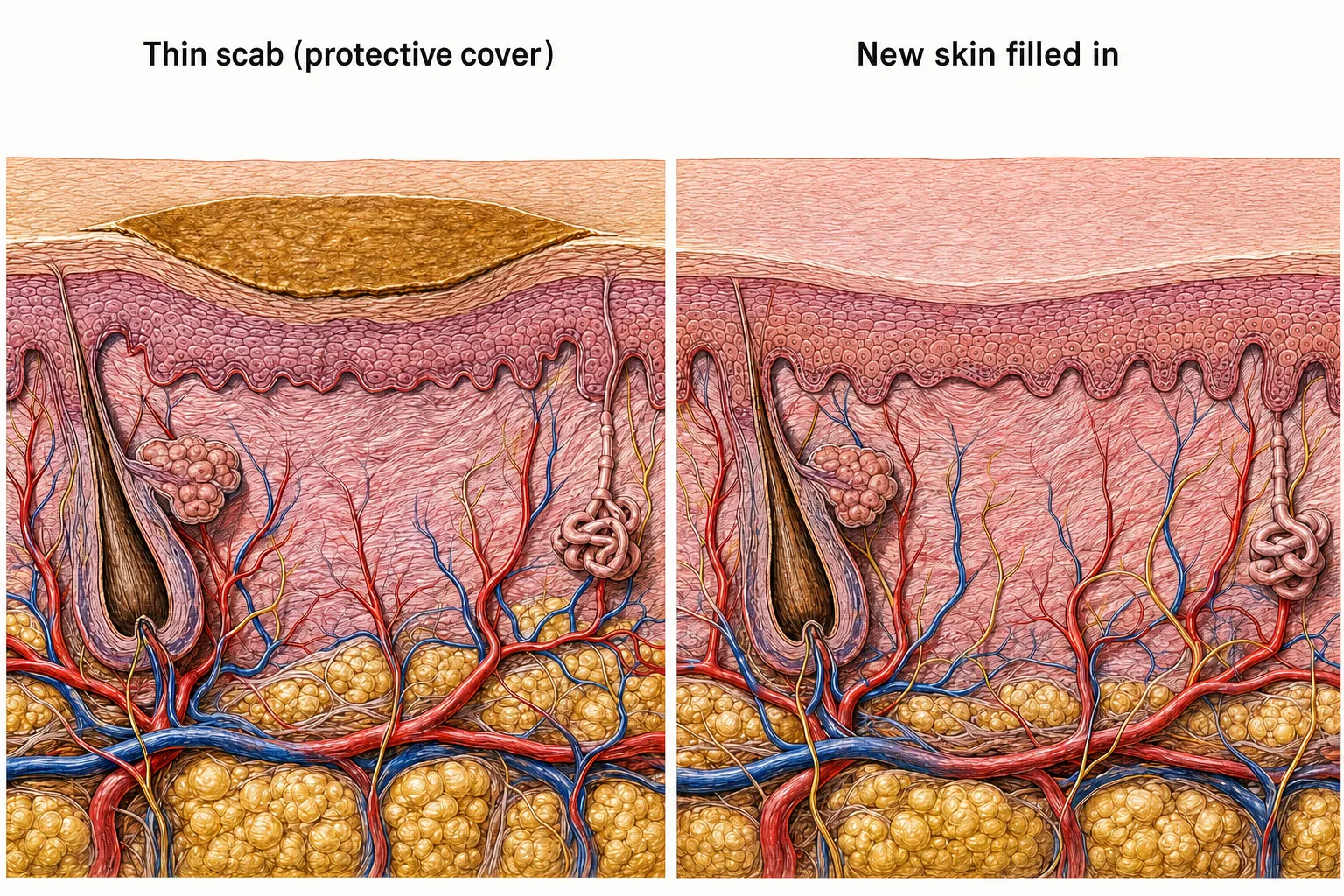 Side-by-side cross-sections — a thin scab covering the spot right after removal, and the same spot after the scab has fallen, with new skin filled in flat (individual results vary)