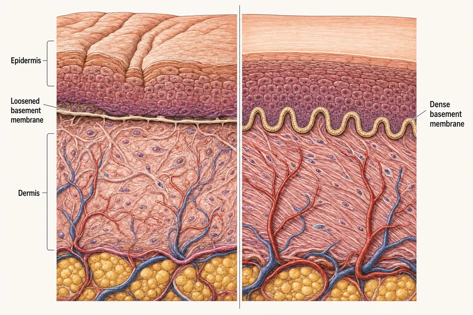 Two skin cross-sections side by side — on the left, the basement membrane between epidermis and dermis flattened and gapped, the two layers' interlock loosened; on the right, the membrane's wave-shaped interlock dense again with the dermal collagen in order — a drawing of the target the repair signals are aimed at