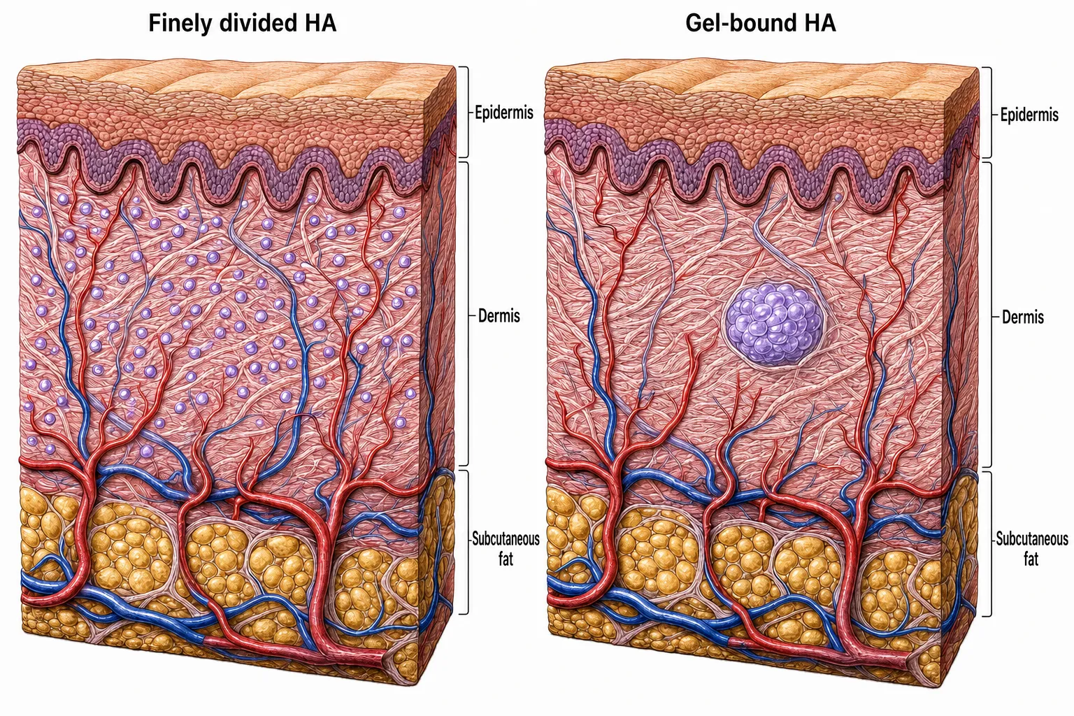 Side-by-side cross-sections — finely divided hyaluronic acid spreading wide between the collagen fibers of the shallow dermis, and gel-bound hyaluronic acid gathered and staying in one place