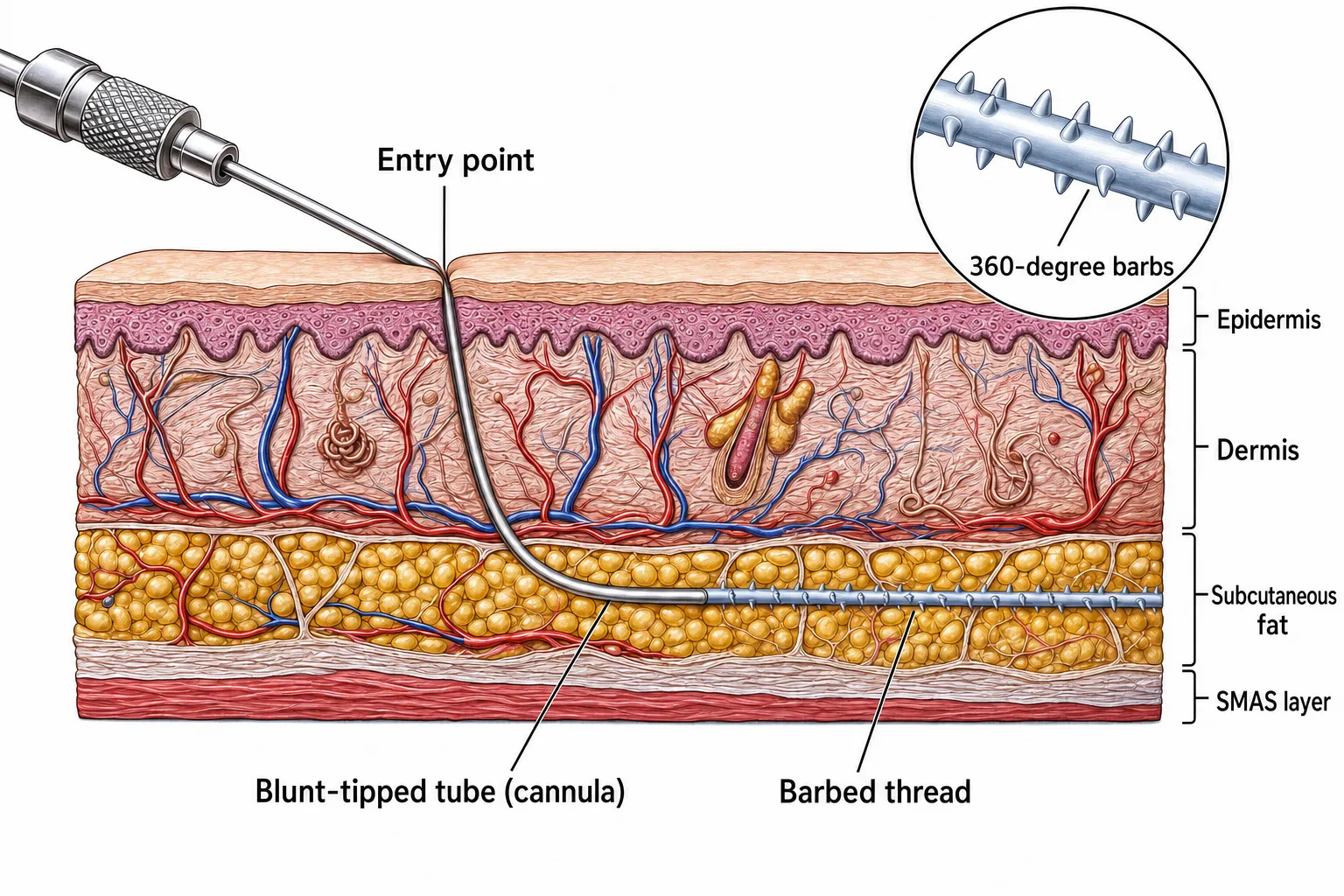 Cross-section of skin — a blunt-tipped cannula entering through a needle-mark-sized opening and passing horizontally through the subcutaneous fat, with the barbed thread laid along its path; a magnified circle shows the thread's 360° barbs