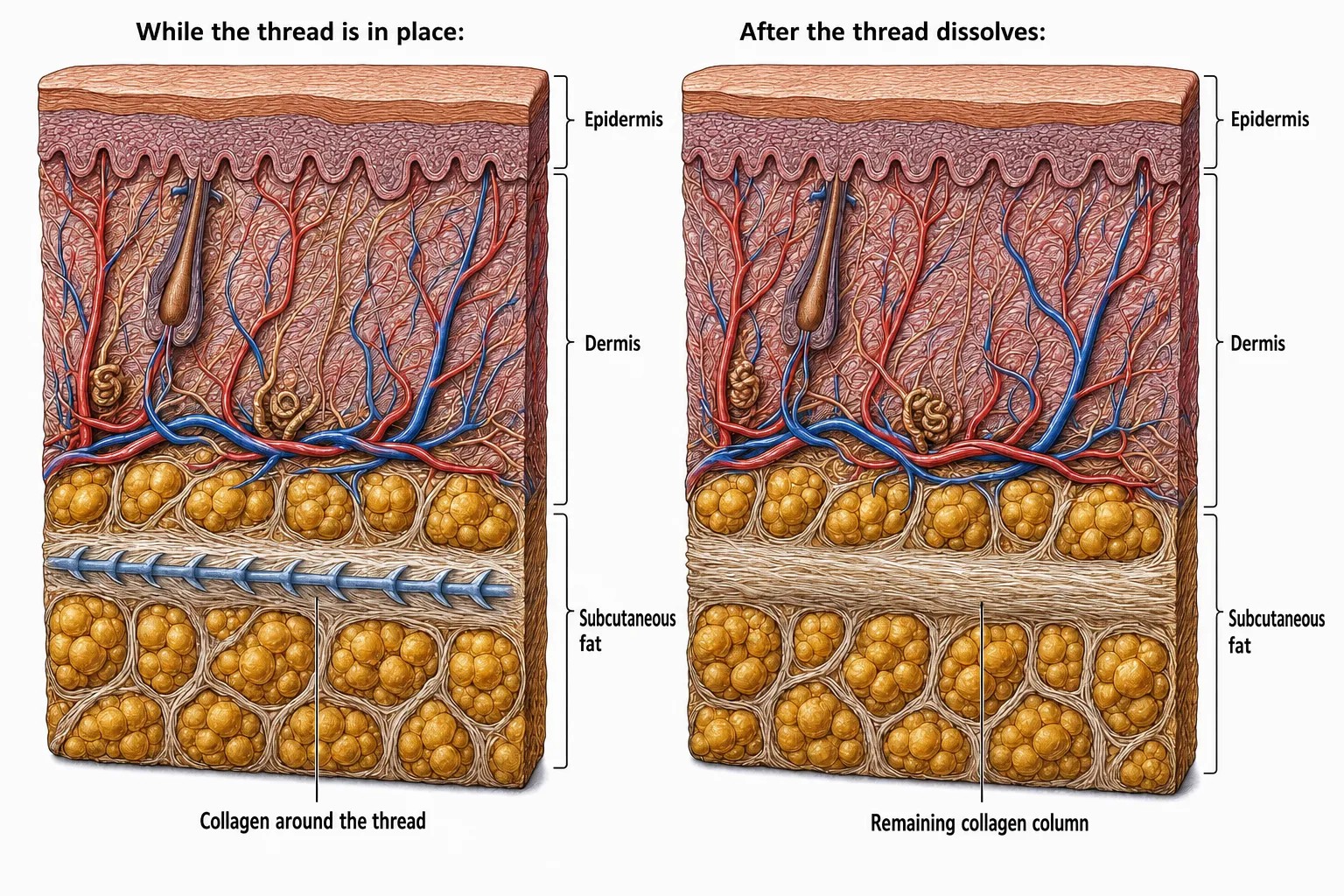 Side-by-side cross-sections — on the left, the thread seated in the fat layer with collagen beginning to form around it; on the right, the thread dissolved and gone, with a collagen column remaining in its place and supporting the tissue