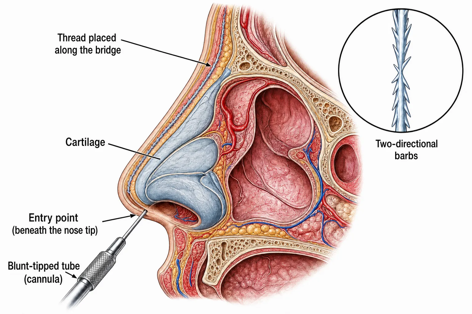 Side cross-section of the nose — a blunt-tipped cannula entering through a small opening beneath the nose tip and laying a thread under the skin along the bridge; a magnified circle shows the thread's two-directional barbs