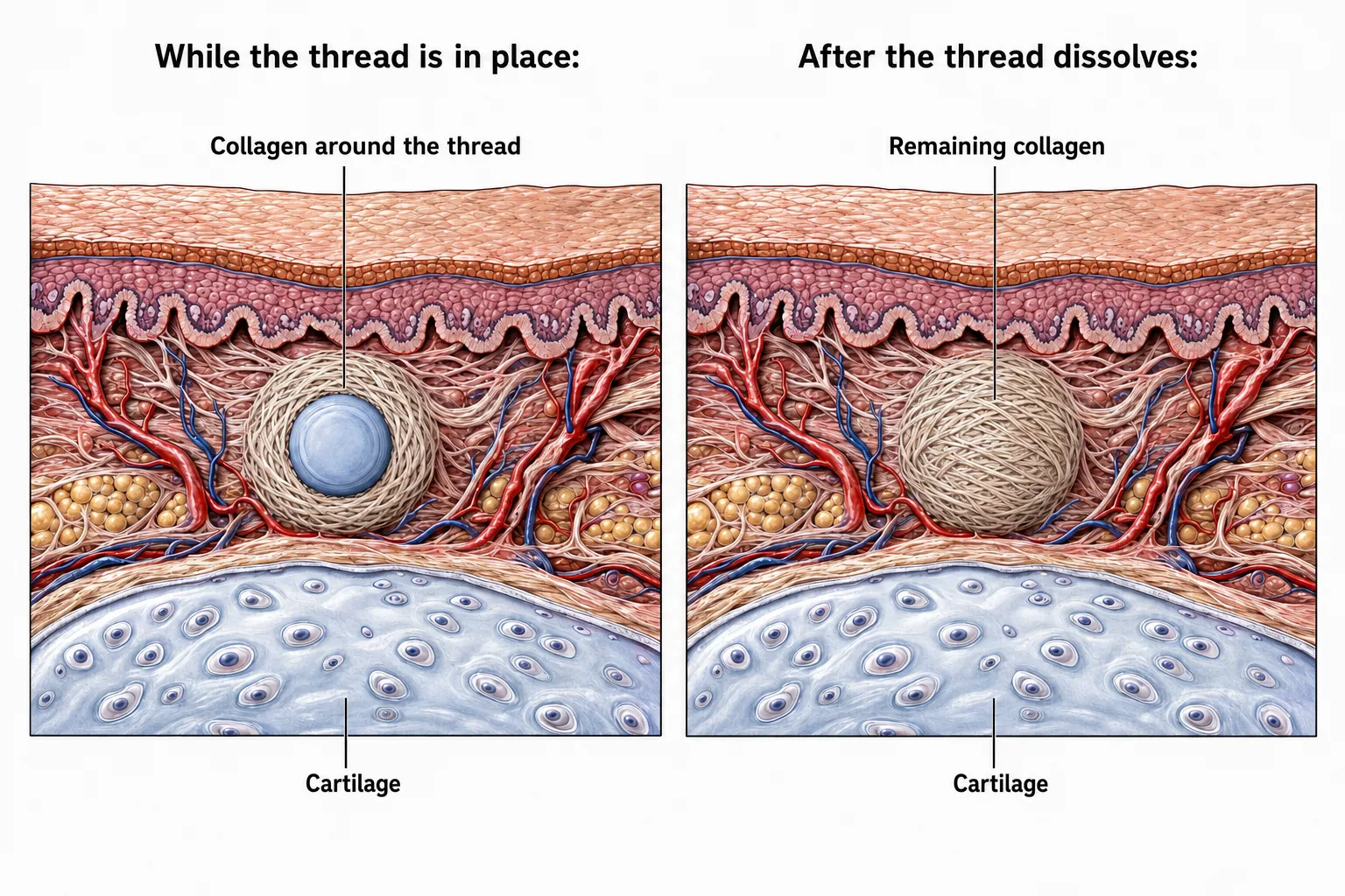 Side-by-side cross-sections of the bridge — on the left, the thread in place supporting tissue with collagen beginning to form; on the right, the thread dissolved with collagen remaining and holding the shape