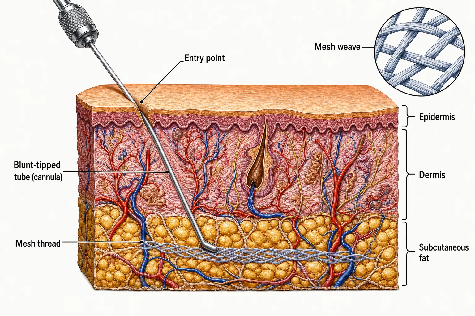 Cross-section of skin — a blunt-tipped cannula entering through a needle-mark-sized opening and placing a mesh thread in the subcutaneous fat layer; a magnified circle shows the fine threads woven together