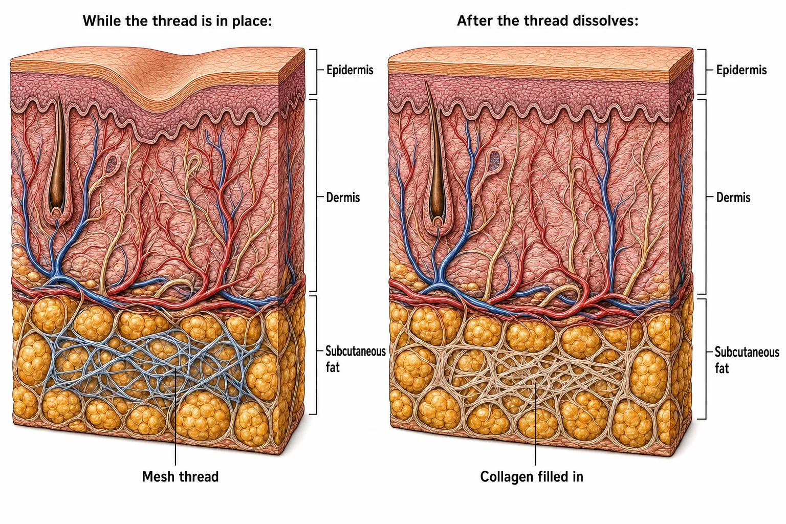 Side-by-side cross-sections — on the left, the mesh thread newly placed in the hollowed area with collagen beginning to form; on the right, the thread dissolved and collagen filled in along the mesh's shape, propping the once-sunken area