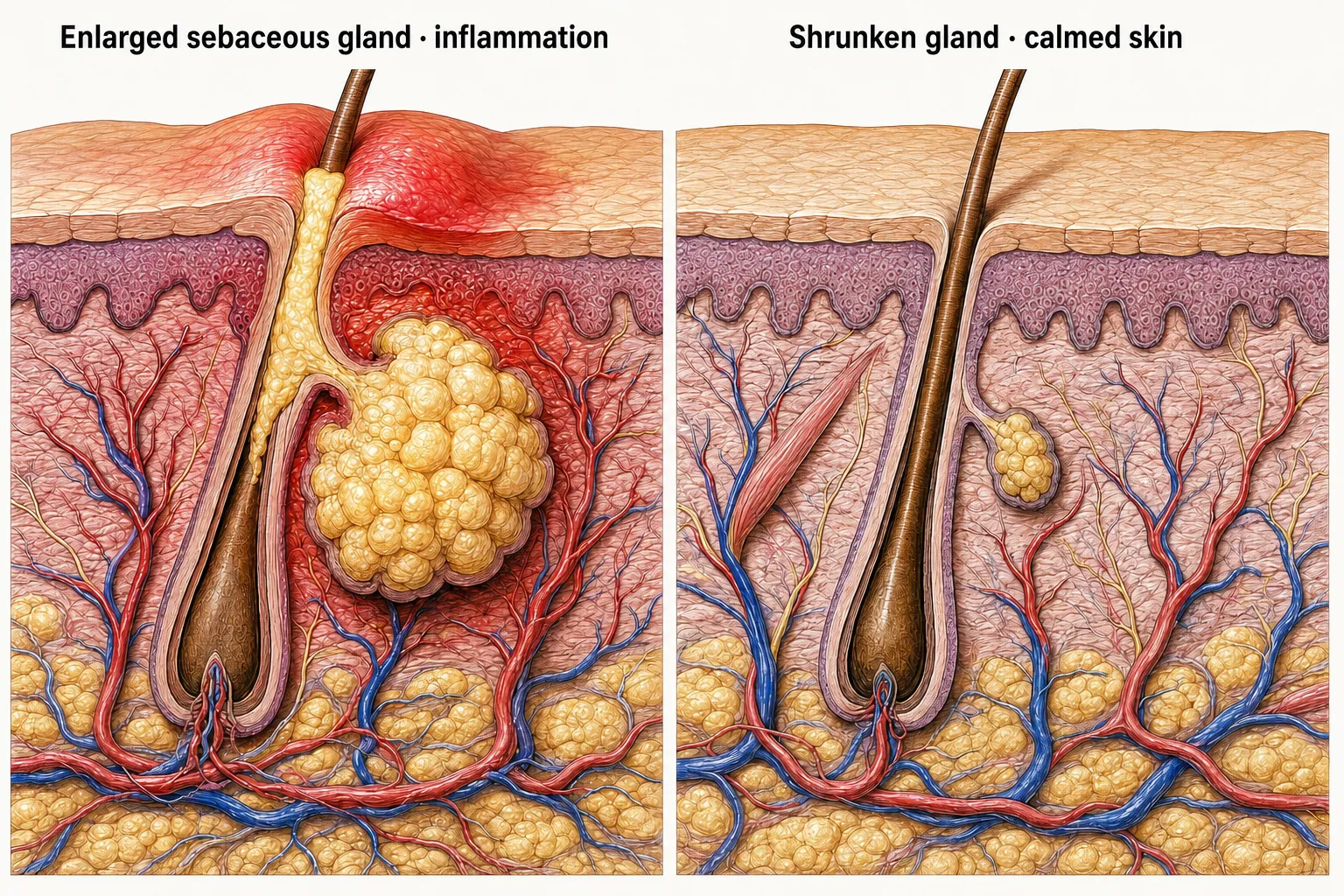 Side-by-side cross-sections before and after treatment — an enlarged sebaceous gland and an inflamed follicle before, a shrunken gland and a calmed follicle after (individual results vary)