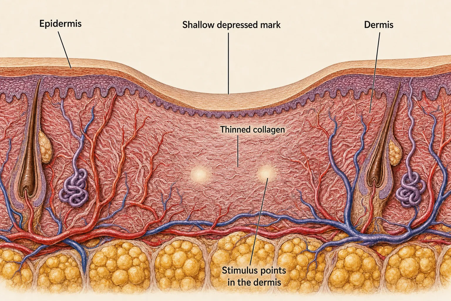 Cross-section of skin — beneath a gently sunken mark, the dermis and its collagen have thinned, with stimulus points placed inside