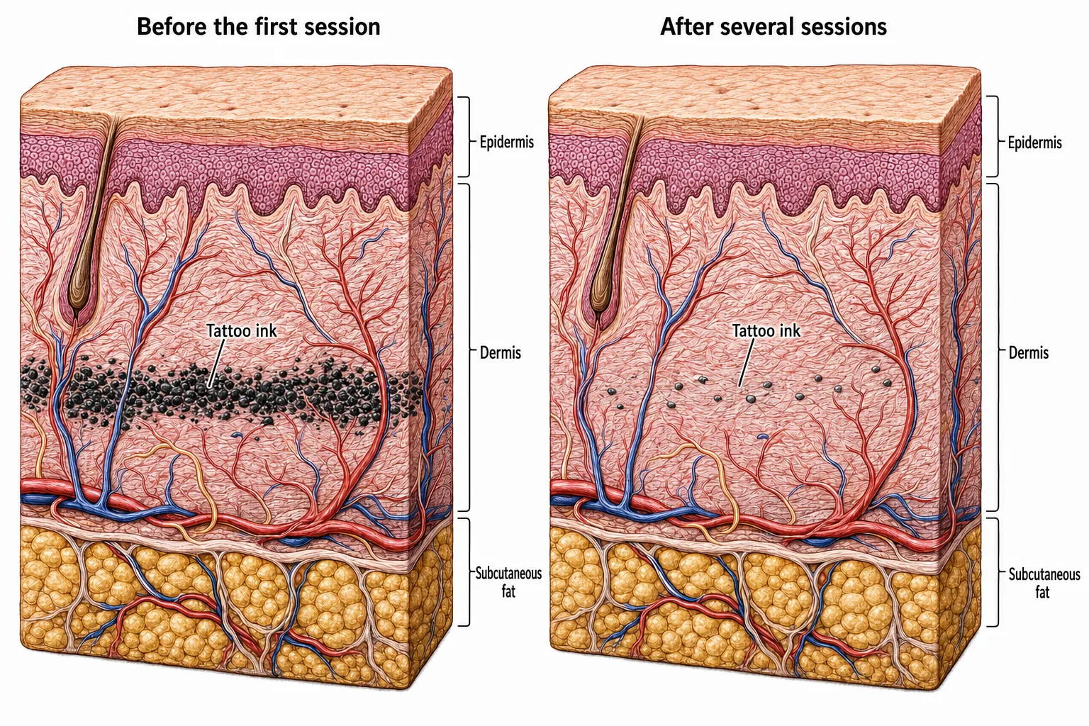 Side-by-side cross-sections — on the left, dense black ink packed in the dermis before the first session; on the right, the same site with the ink greatly reduced, as an example — how much remains varies with the ink's color, depth, and amount